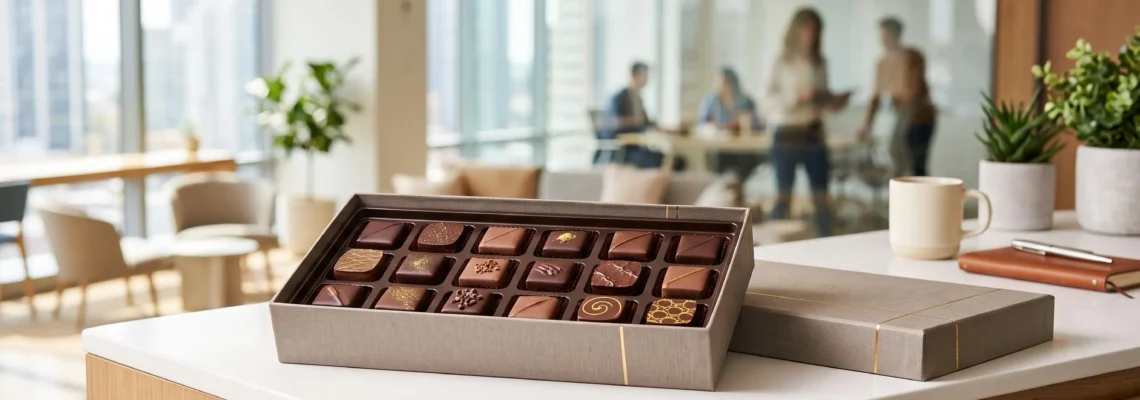 Coffret chocolat artisanal ouvert sur un comptoir blanc révélant des chocolats aux finitions soignées dans un bureau contemporain