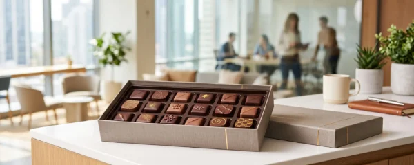 Coffret chocolat artisanal ouvert sur un comptoir blanc révélant des chocolats aux finitions soignées dans un bureau contemporain