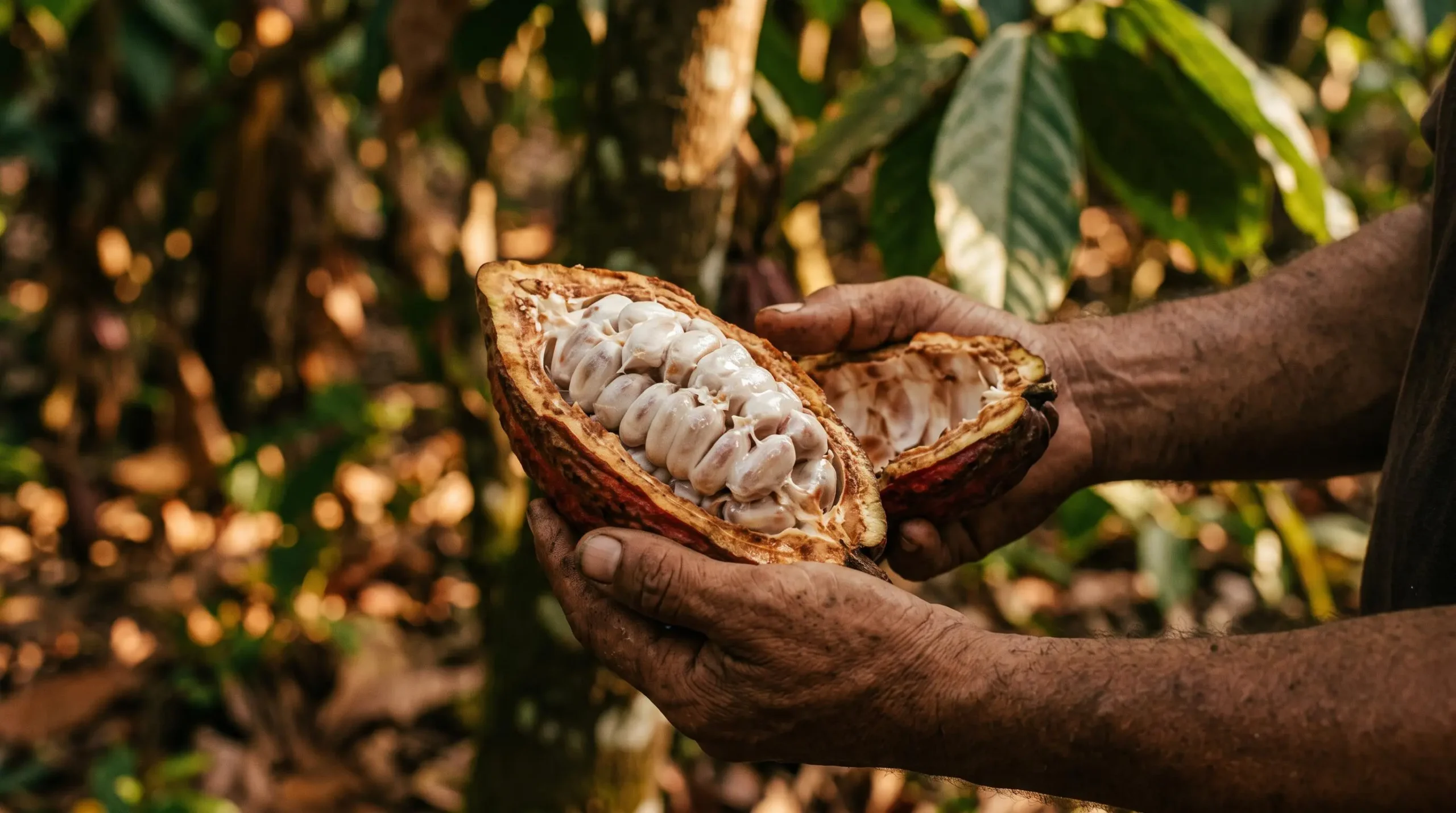 Fèves de cacao fraîches dans leurs cabosses ouvertes photographiées dans une plantation tropicale