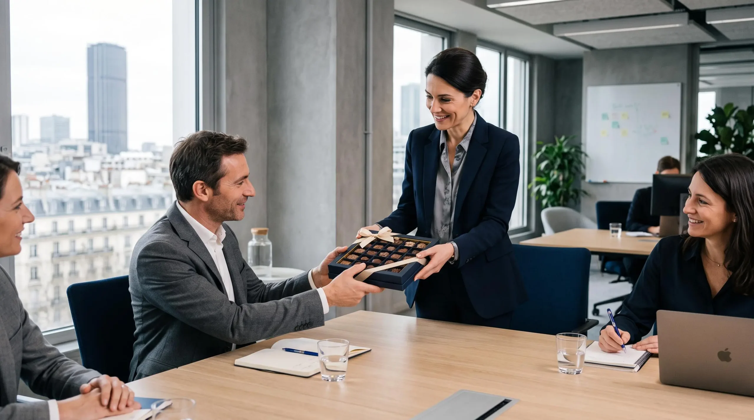 Remise d'un coffret chocolat élégant lors d'une rencontre professionnelle dans un bureau contemporain